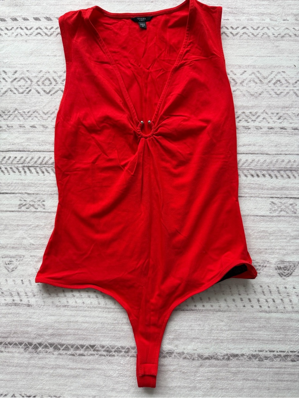 GUESS Red Deep V-Neck Ruched Sleeveless Bodysuit Size M